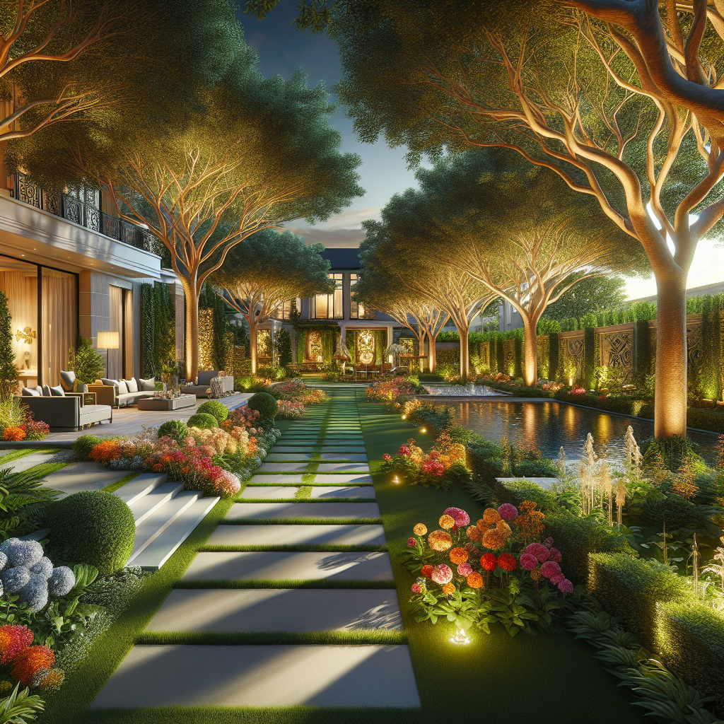 Luxury residential landscape design with manicured gardens and outdoor living space